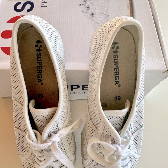 Superga Shoes | Superga White Leather Perforated Platform Sneakers - Size 9 - Picture 4 of 4